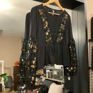 (Lori) Anthropologie Black and Gold Embellished Peplum Blouse